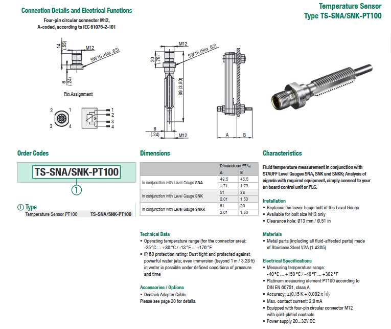TS-SNA/SNK Series Thermo Switches and Temperature Sensors