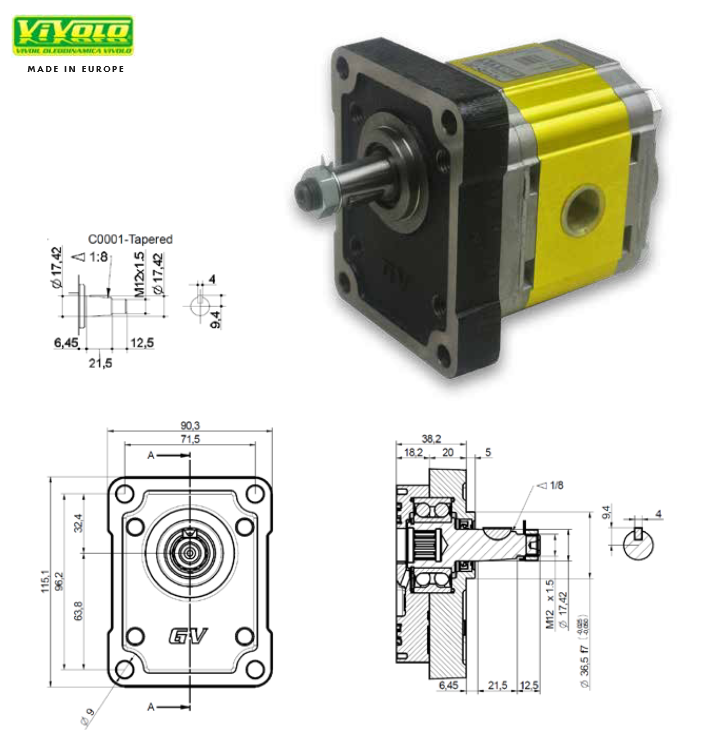 X2P Series Group 2 Pump DIN Mount With Bearing Carrier, 1:8 Tapered Shaft