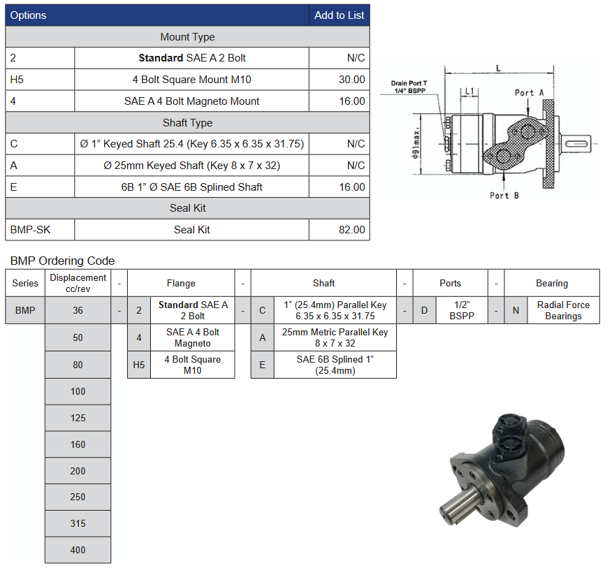 BMP Series Gerotor Motor - SAE A 4 Bolt Magneto Mount - 1″ Keyed Shaft