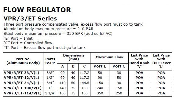 VPR/3/ET/VMP Series Flow Regulators - Oil Solutions