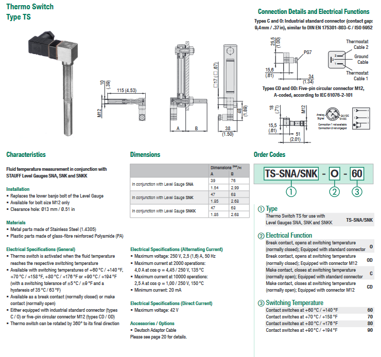 TS-SNA/SNK Series Thermo Switches and Temperature Sensors